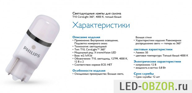 Характеристики LED лампочек Philips для передних габаритных огней