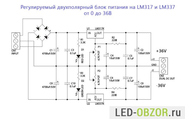 Регулируемый двухполярный блок питания от 0 до 36В